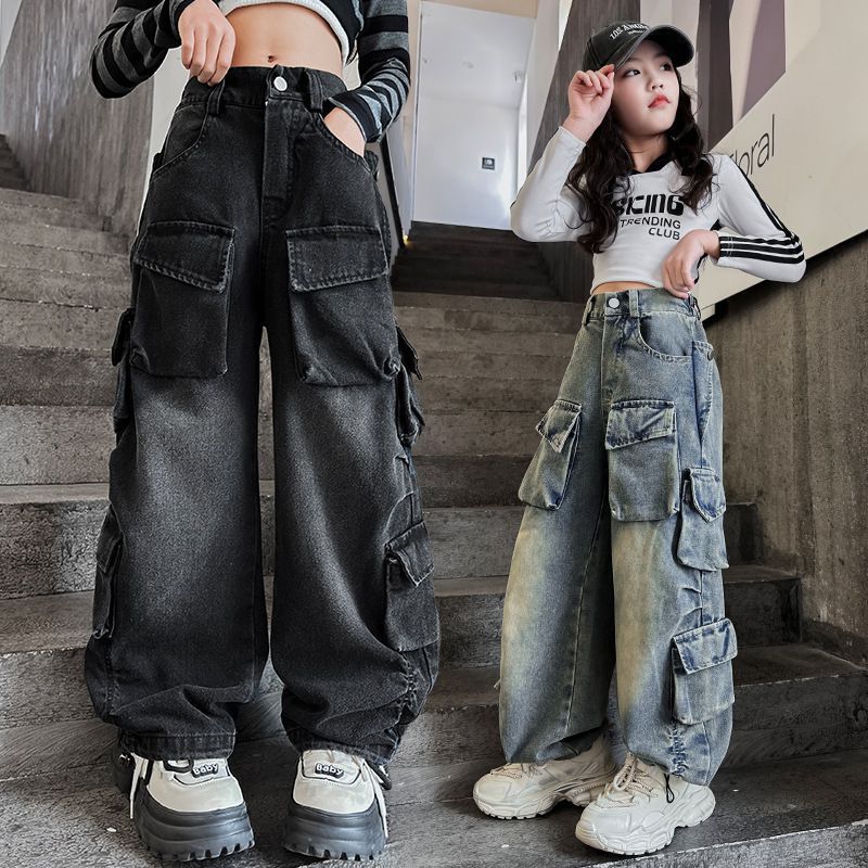 Landon Cargo Jeans voor Meisjes Lente Losse Casual Elastische Taille Tiener Kinderen Wijde Pijpen Broek Ontwerp Streetwear Kinderbroeken 170 zwart