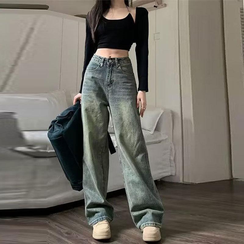 EG41NB Rechte jeans voor dames Lente en herfst Peervormig Casual Nostalgia Vintage Drag Floor Losse wijde pijpenbroek XL blauw