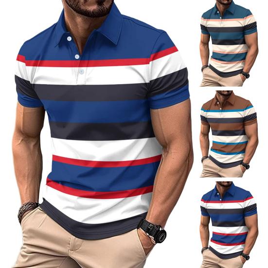 Youyiming Heren gestreepte revers T-shirt Casual korte mouw Golf T-shirt Zakelijk kraag T-shirt Top voor sport Golf Reizen Kantoor Feesten Dagelijkse kleding M koffie