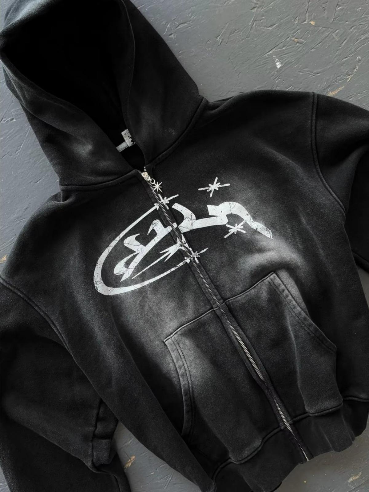 GEMTIDE Divin Vintage Washed Zip Hoodie Y2K Jas Heren Rock Hip Hop Patchwork Geborduurd Oversized Hoodie Sweatshirt Lange Mouwen Tops S