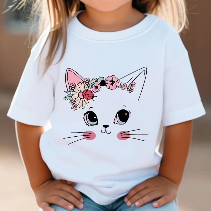 Todaysun Zomer kinder T-shirt Bloemen Kat Grafisch Shirt Meisjes Bloemen Kitty Tops Wit Korte Mouw Wild Tee Schattig Dier Cartoon Kat T-shirt 2T(90cm) rood