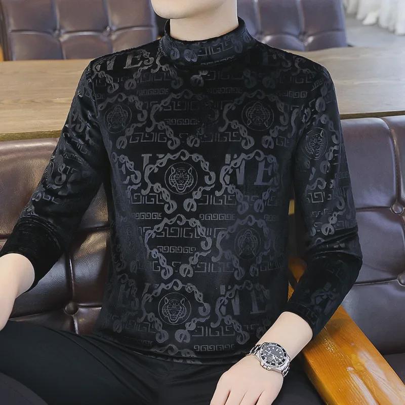 VantaGoods Trendy gouden fluwelen sweatshirt met lange mouwen voor heren - dik, warm, herfst/winter T-shirt met halfhoge kraag 4XL (180-200 jin)