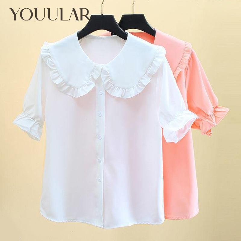 Zomer witte meisjes T-shirt met korte mouwen ChiffonTeen Kids kanten reversblouse Cheildren schoolkleding Tops 110