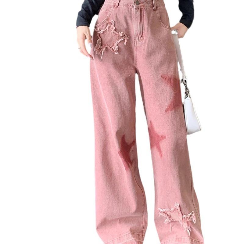 Qiu Yi Retro vijfsterren borduurwerk Raw Edge jeans lente en herfst losse broek dunne broek voor dames XS rood