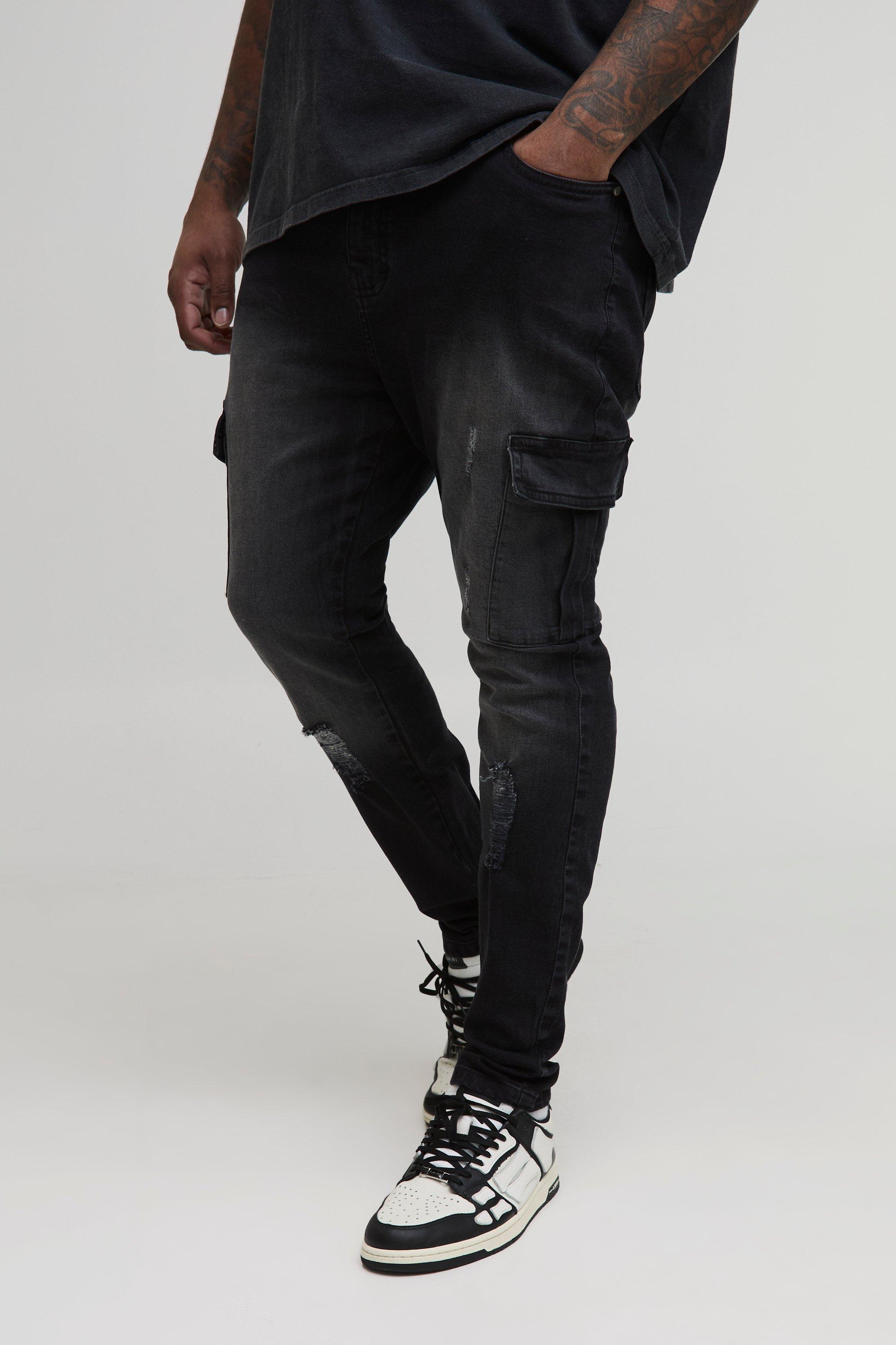 Boohoo Plus Versleten Super Skinny Fit Cargo Jeans, Washed Black
