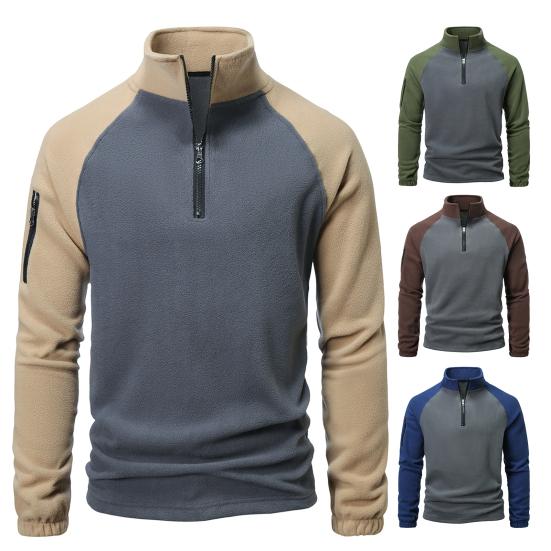 Newaday Herfst Winter Heren Top Halve Rits Staande Kraag Nek Beschermend Colorblock Polar Fleece Middellange Pullover Sweatshirt voor Streetwear School Dating M donkerblauwe kleur