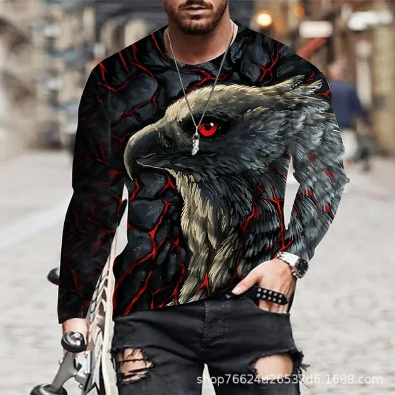 Transmission of love Animal Eagle Vintage 3D Print Herfst Mannen Ronde Hals T-shirt Casual Lange Mouw Oversized T-shirt Mode Trui Mannen kleding S