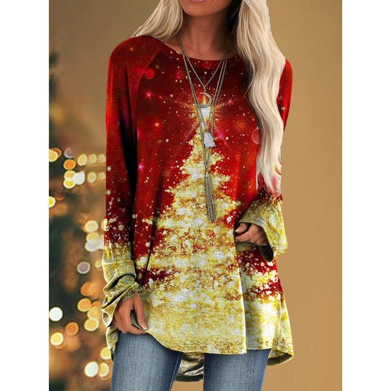Kerst T-shirts Kerstboom Sneeuwman 3D Print Dames Lange Mouw T-shirt Oversized Streetwear Dames Tuniek Tees Tops Kleding S