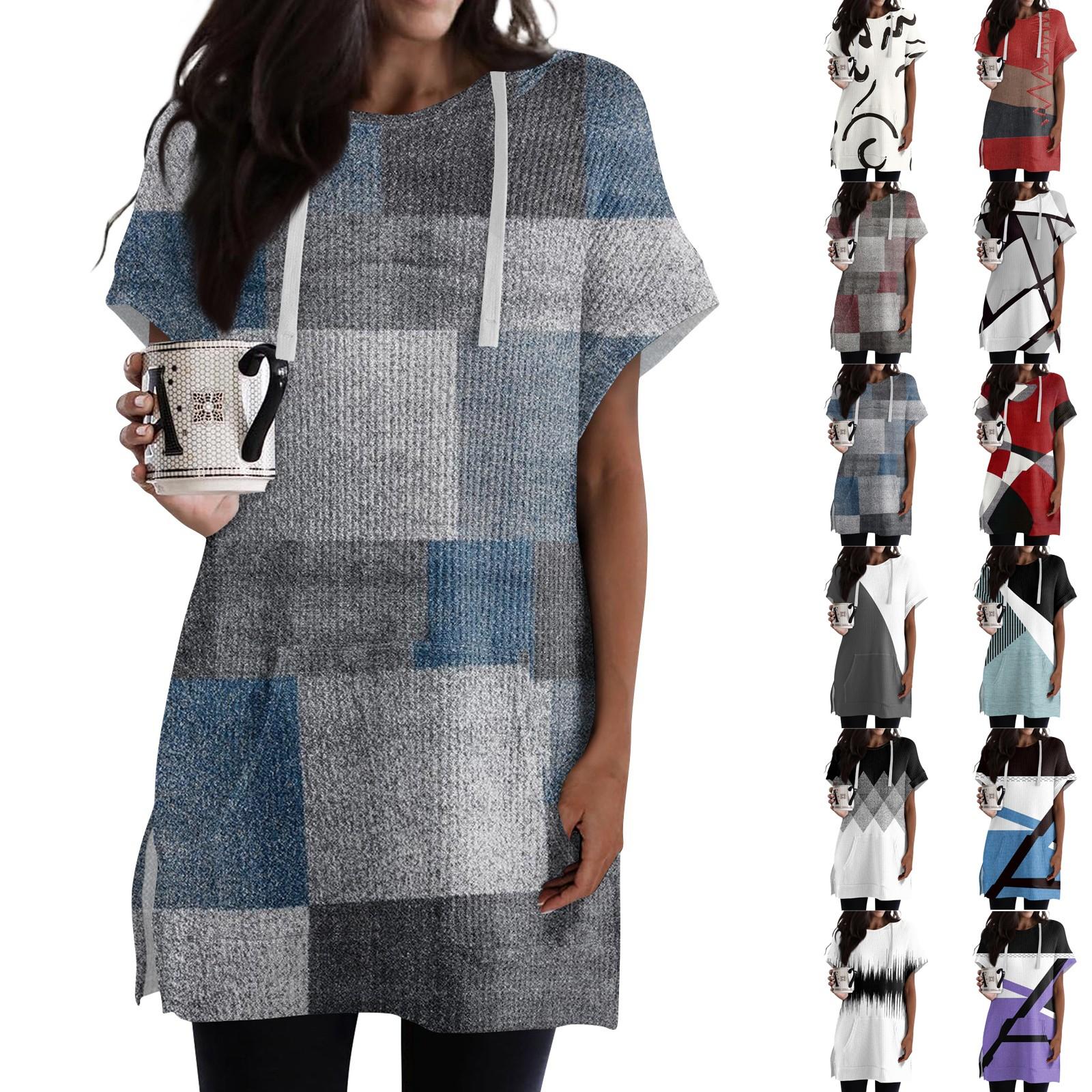 Zhengfuzhihai Losse shirts voor dames, bedrukt, korte mouwen, trekkoord, hoodies, gebreide tuniek met zijsplit, capuchontops met zak L beige