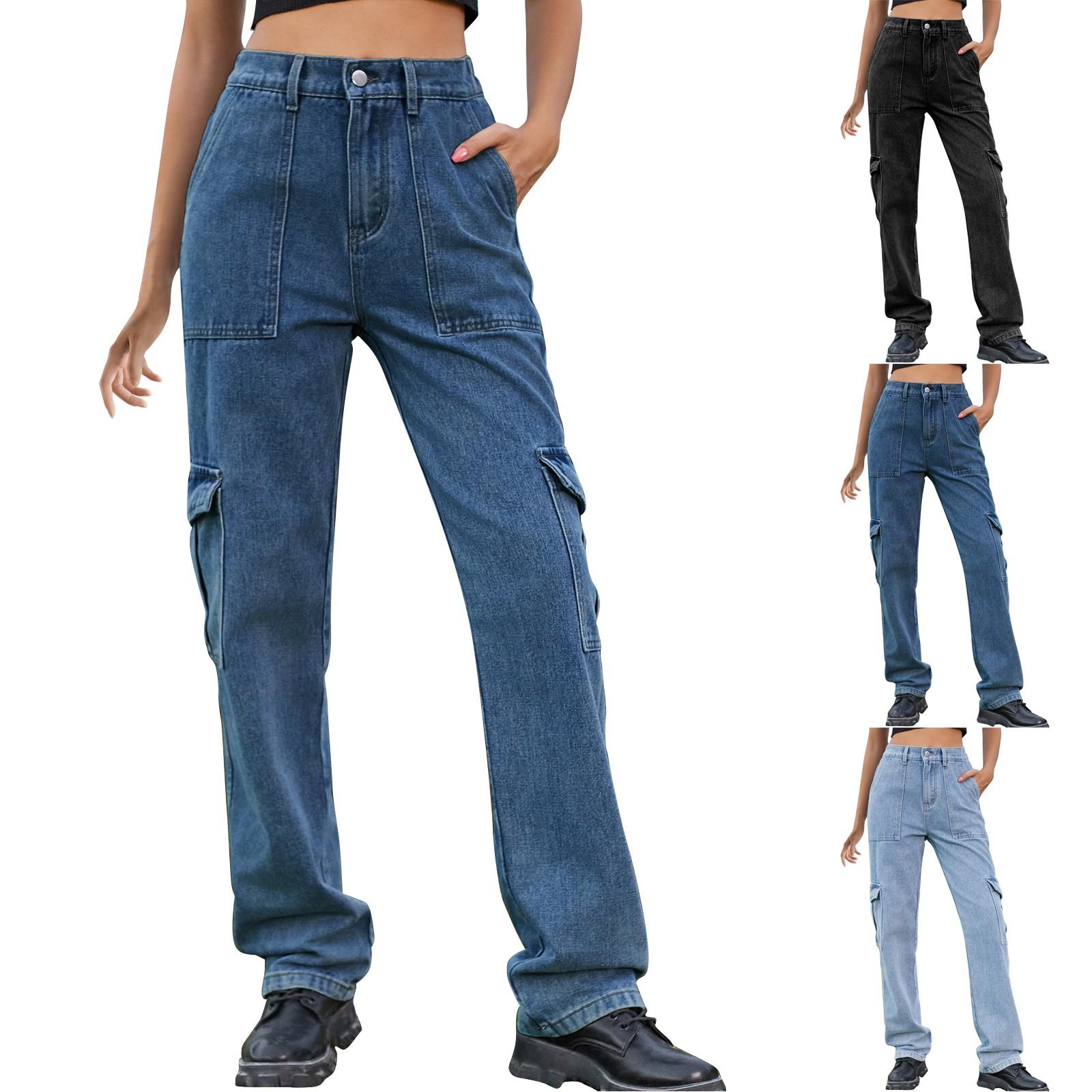 Jiangnan A Comfortabele en modieuze semi-elastische denim werkkledingbroek voor dames met rechte, casual pasvorm M