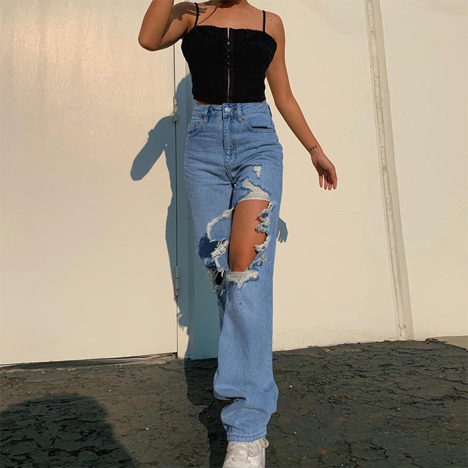 Zhengfuzhihai Damesmode Asymmetrische Effen Kleur Gescheurde Rechte Jeans M blauw