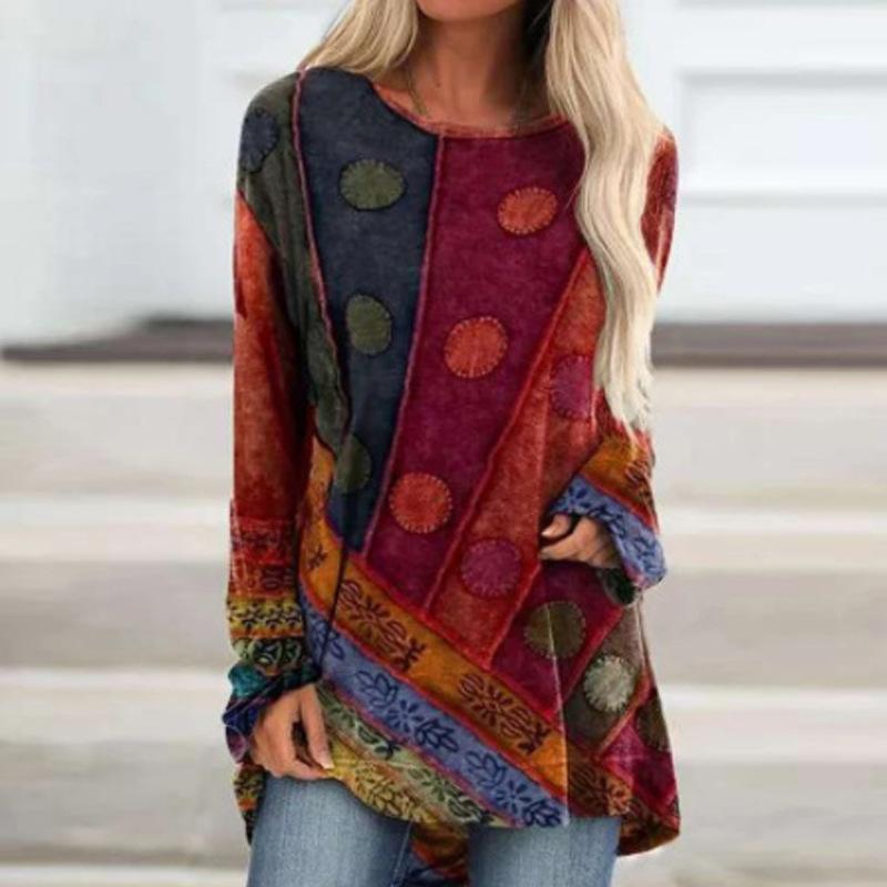 Nieuwe etnische stijl Boho T-shirts Geometrische 3D-print Vrouwen Lange mouw T-shirt Oversized Streetwear Tuniek Tees Tops Vrouwelijke kleding S