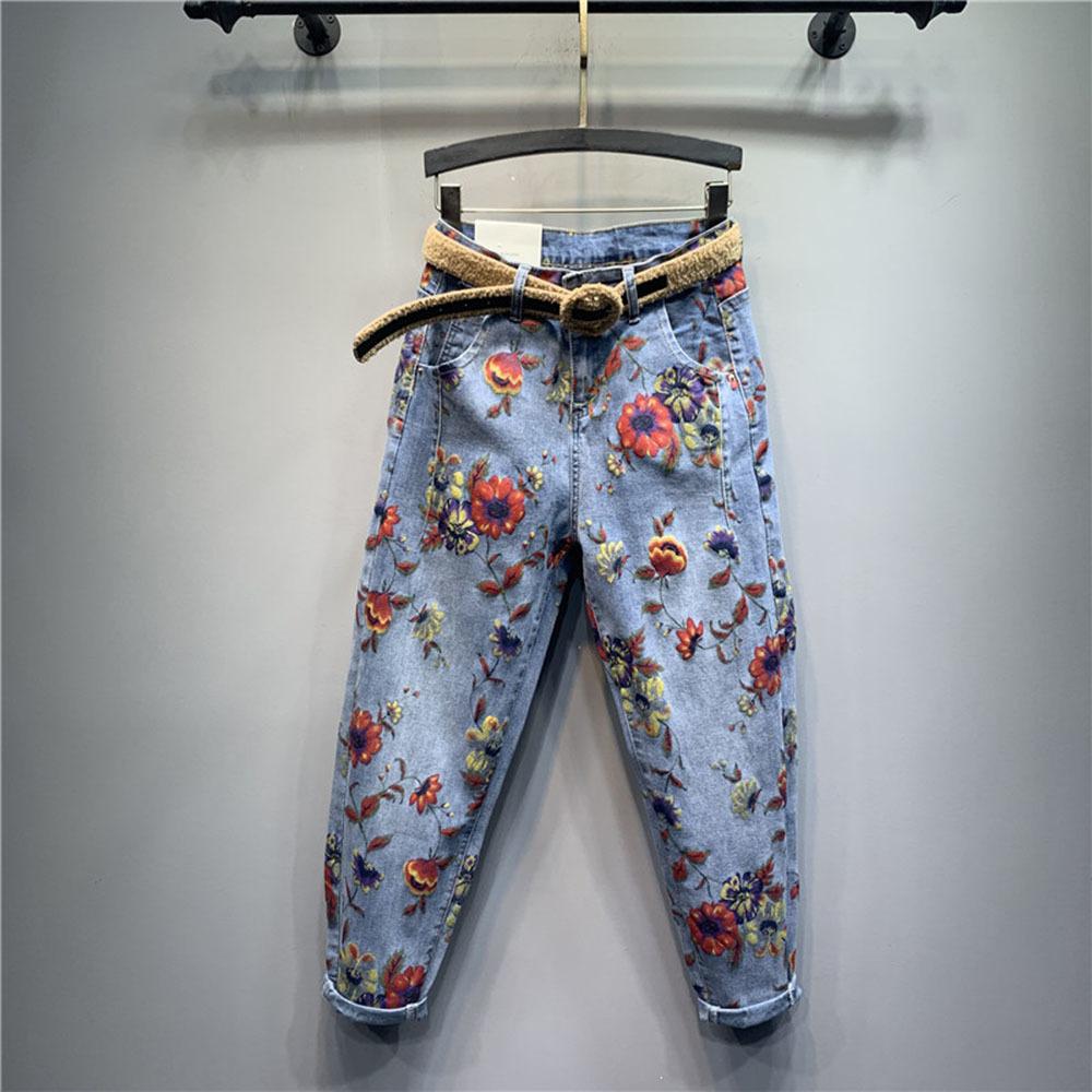 MA3CN Bloemen Jeans Vrouw Hoge Taille Losse Broek Persoonlijkheid Bedrukte Denim Harem Broek Dames Jeans 26