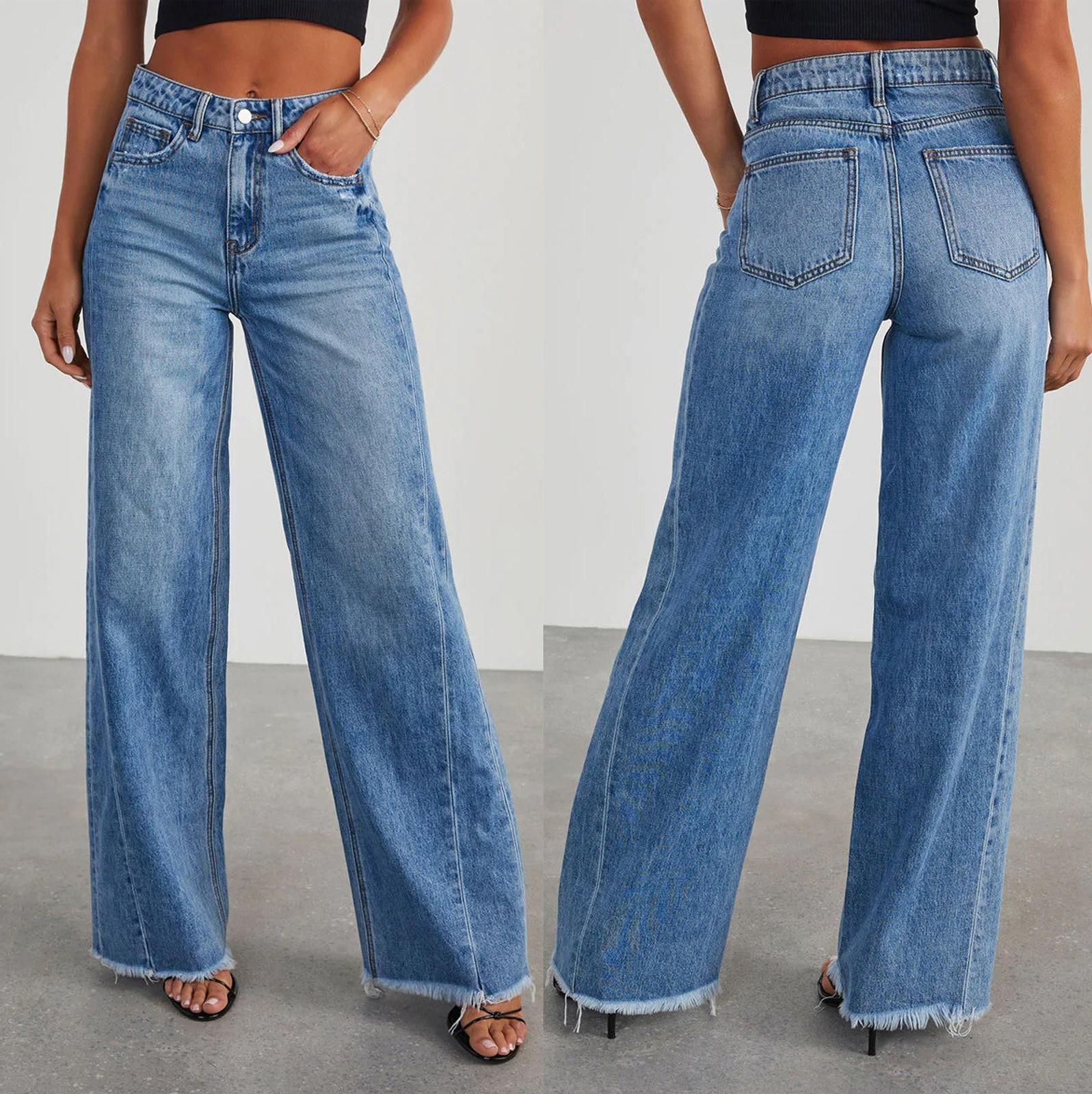 Jiangnan A Vrouwen Baggy Mid Waist Jeans Wijde Pijpen Losse Denim Broek Rechte Pijpen Cropped Barrel Jeans L