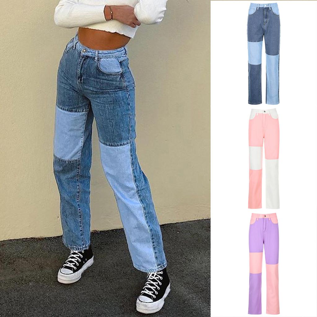 Wnzdswn Women Fashion Casual  Matching Color block Straight-Leg Slim Jeans Pants M blauw