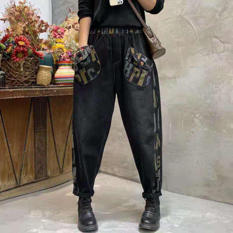 TC4ZQ Grote zak Harembroek Vrouwelijke Hoge Taille Losse Vrouwen Denim Broek 2022 Herfst Mode Print Jeans Vrouwelijk L zwart