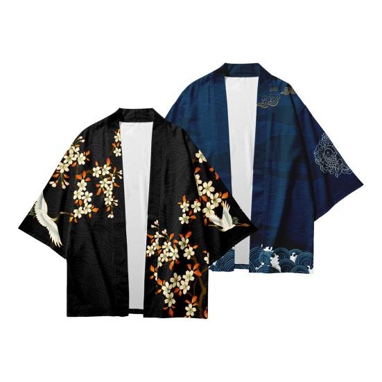 PLUM LAI Herenoverhemd Japanse stijl Traditionele kimono Kwartmouw Print Cardigan Vogel Drie Losse dunne middellange dagelijkse topjas L blauw