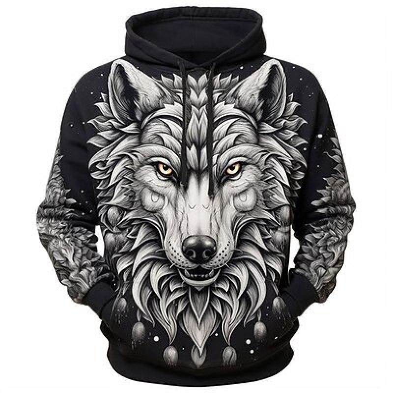 HIMO Group Grafische Wolf Herenmode 3D Print Hoodie Sport Outdoor Vakantie Hoodies Sweatshirt met lange mouwen en print op de voorkant S