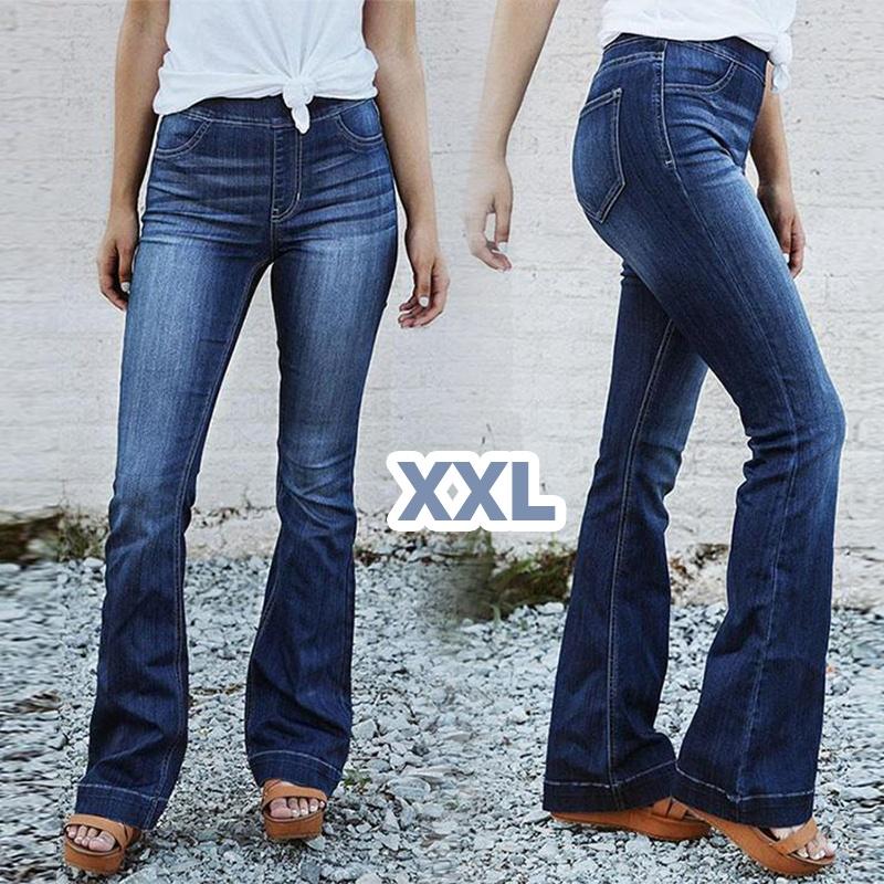 Mr Fu Dames jeans met hoge taille, lange broek, denim, bell bottoms, slim fit, wijde pijpen, flared jeans XXXL blauw