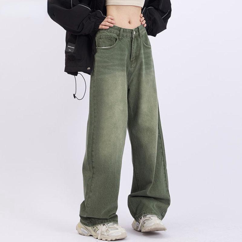 Warm clothes family Dames retro jeans met rechte pijpen, groene lente, hoge taille, wijde dunne broek met wijde pijpen, denim broek, grote maat dameskleding S groen