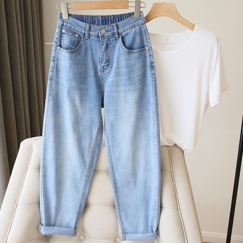 MA8BM Mode Blauwe Dames Jeans Lente Herfst Elastische Taille Lichtblauwe Losse Denim Broek Harem Broek Vrouwelijke Casual Broek Zacht L blauw