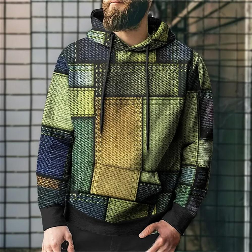 HIMO Group Vintage Hoodies voor Mannen 3D Plaid Print Kleurrijke Hoodie Sweatshirts Lange Mouw Truien Straat Herenkleding Casual Unisex Tops M