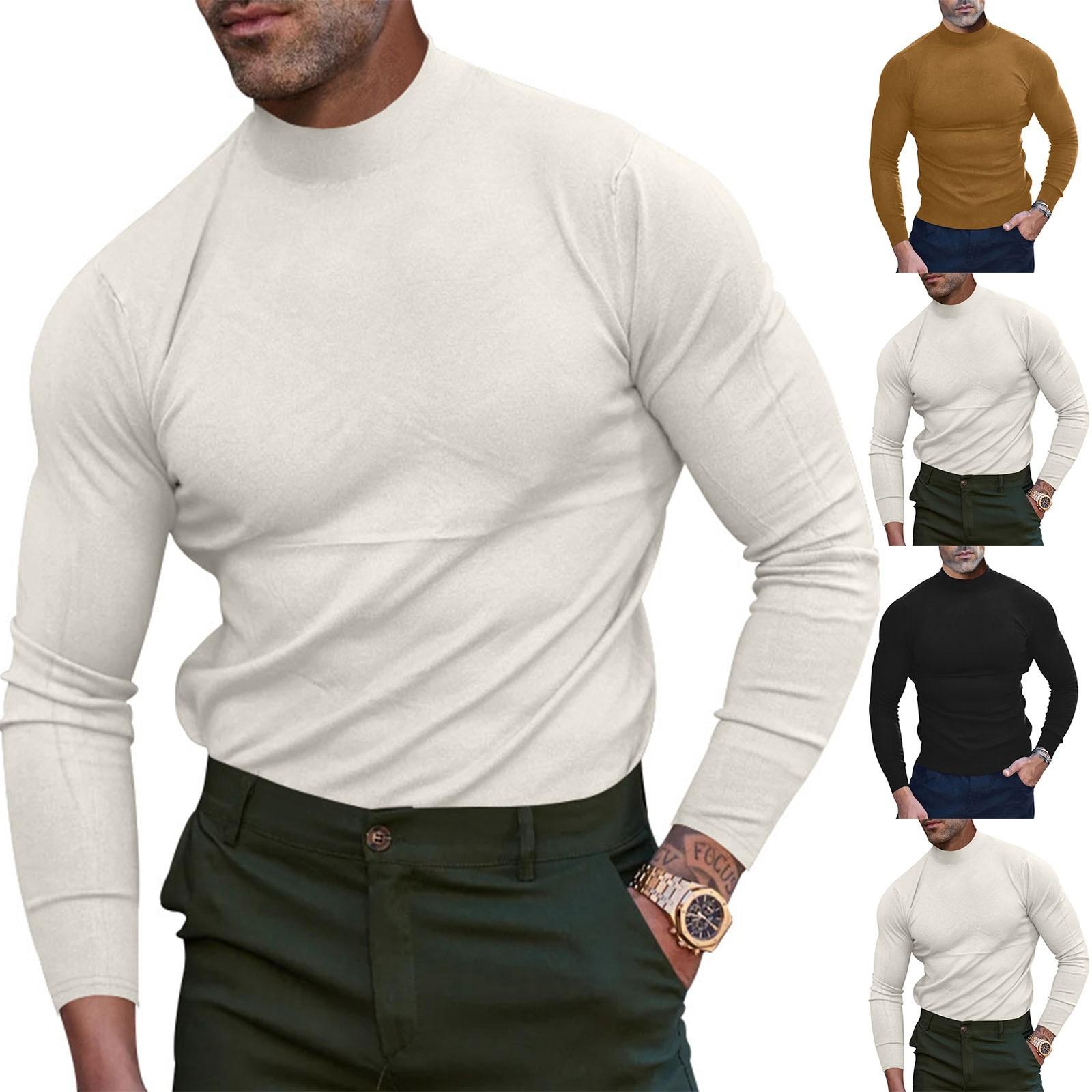 Winnerer Saturn Heren herfst casual coltrui effen top lange mouw T-shirt L beige
