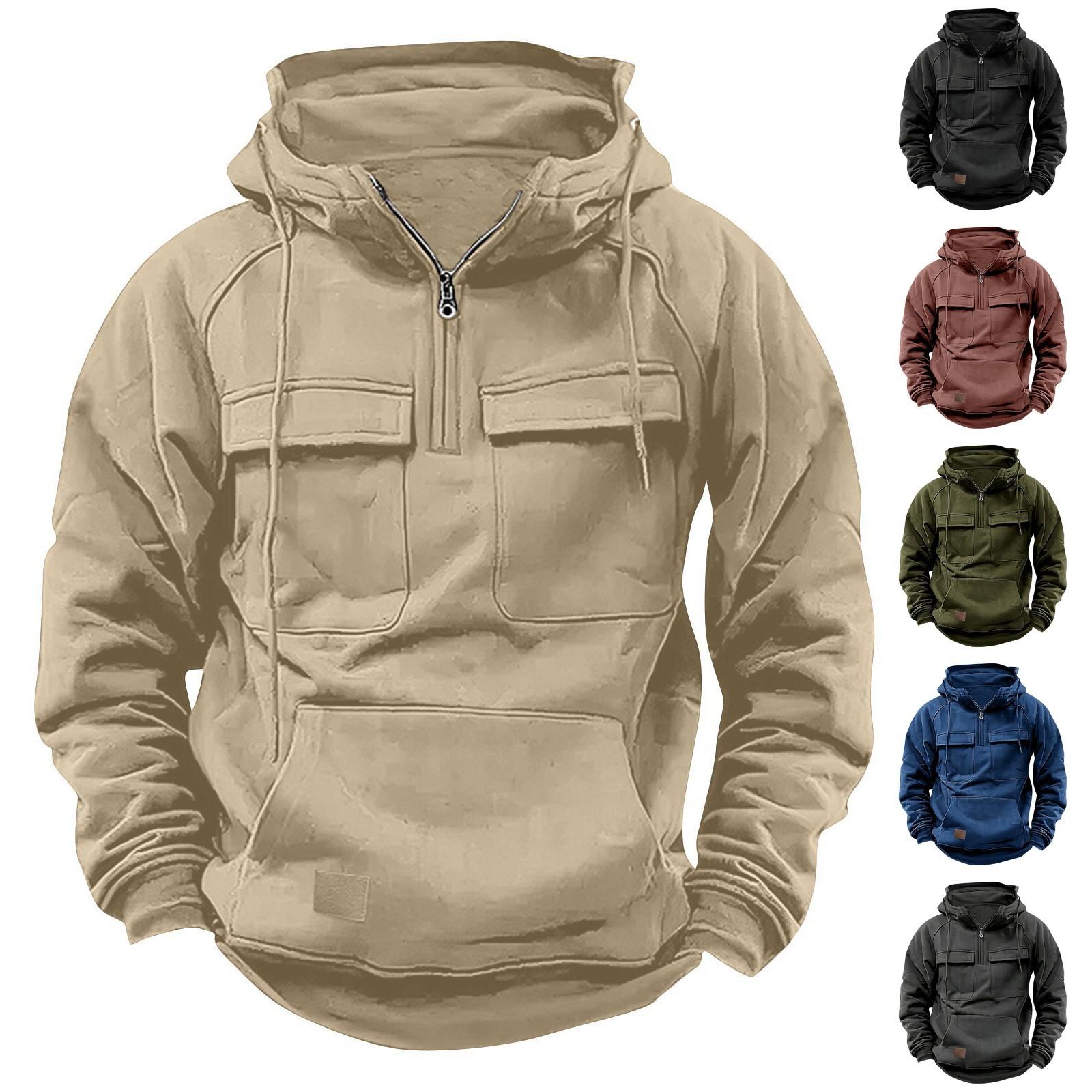 Ren Bag Effen kleur herensweater met capuchon, Europese en Amerikaanse jeugdsport leren trui met meerdere zakken en patch L zwart