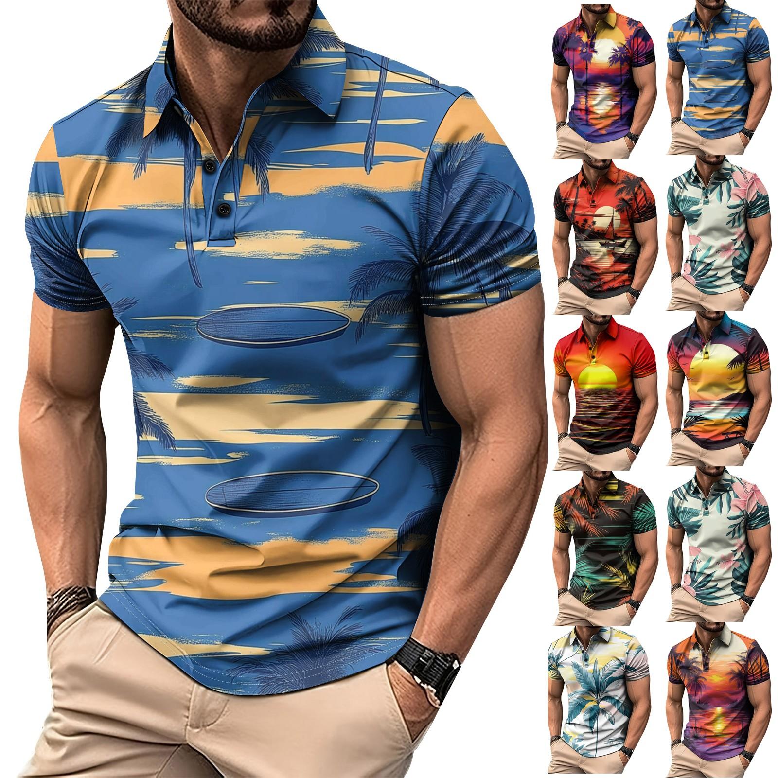 Choose one Heren Golf Hawaiian Print Shirt Casual Sport V-hals Korte Mouw XL сyaan