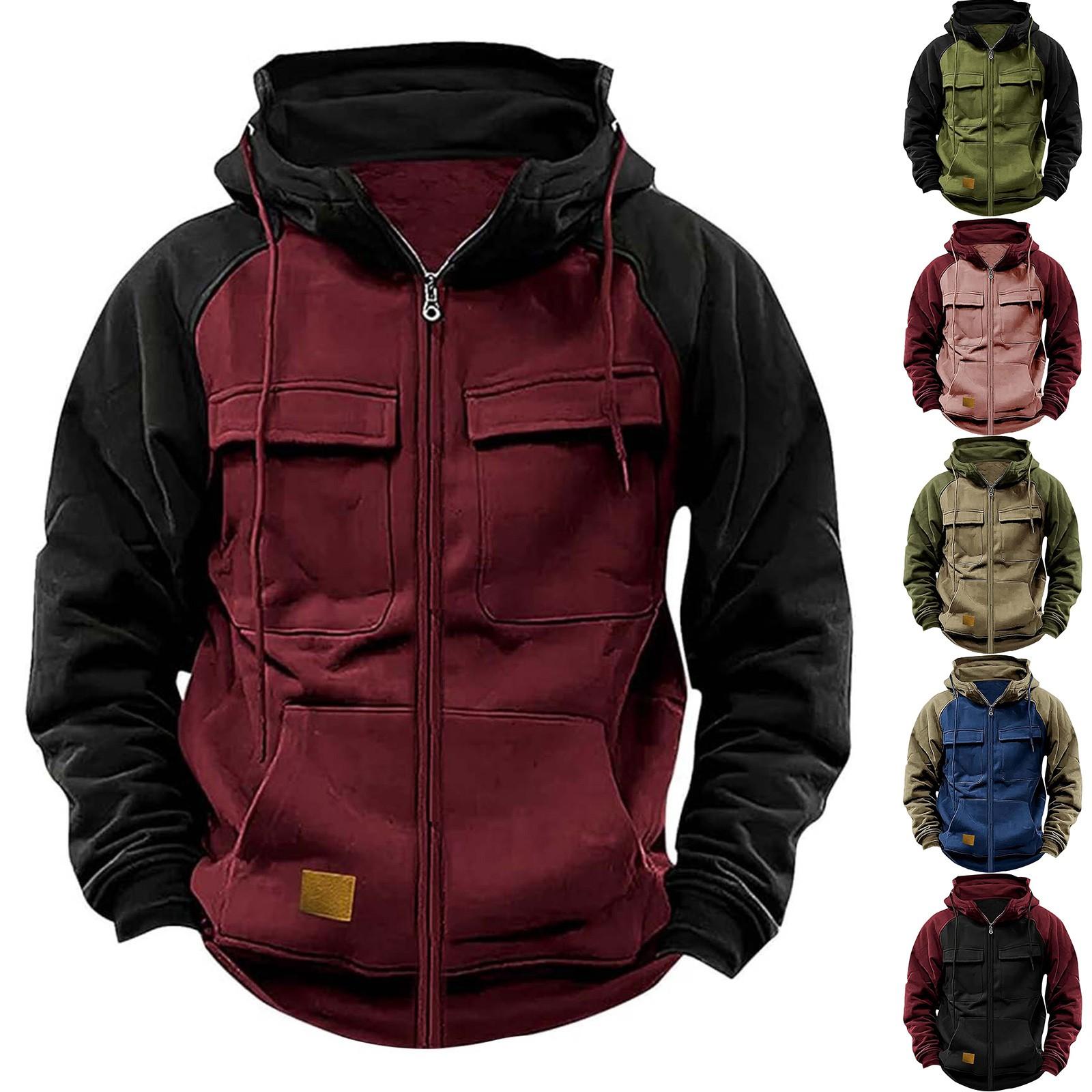 NB Fashion Heren Modieuze Lange Mouw Capuchon Losse Sweatshirt Sport Multi Pocket Jas S wijn