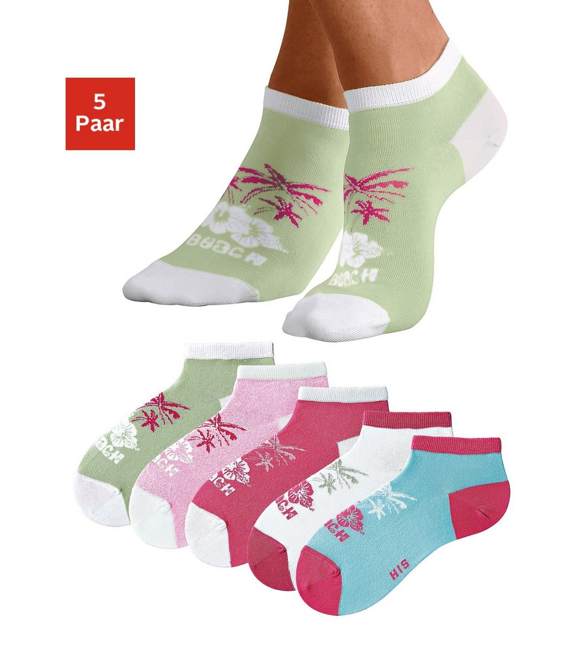 H.I.S Sneakersokken in kleurrijk hawaï-design (set, 5 paar)