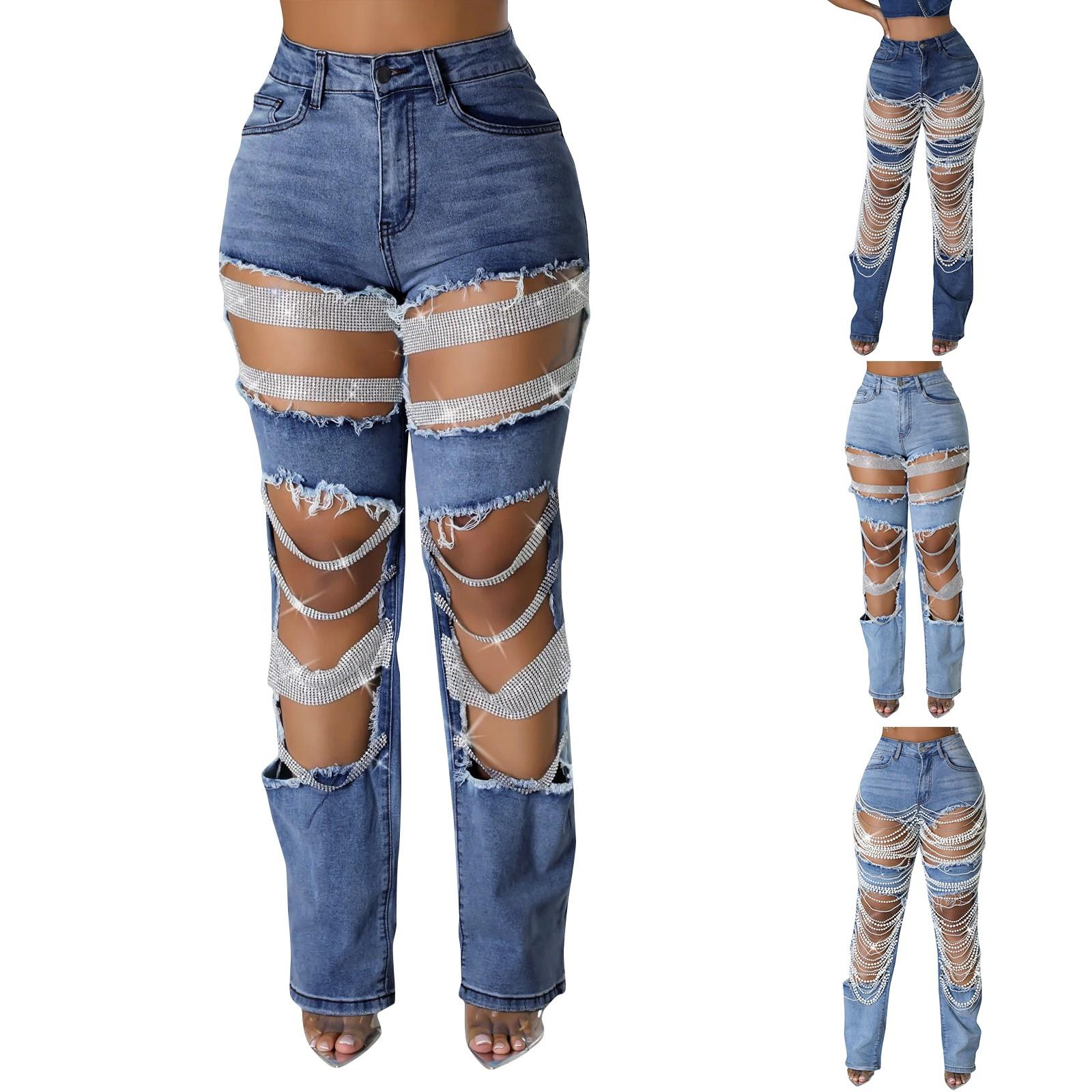 Mianduijifengba Gebroken gat zware industrie spijkerkraal elastische jeans broek voor vrouwen L blauw