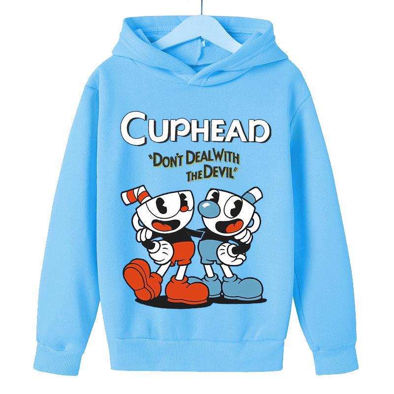 Trendy Hoodie Kids Game Cuphead hoodie Jongens Meisjes mode cartoon sweatshirt lente en herfst model Horror Kleding Lange Mouw 3-13Yrs 160 lichtblauwe kleur