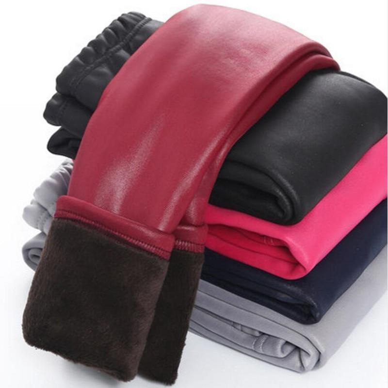 Topzeros Nieuwe babymeisjes leggings winter kinderen dikke fluwelen leggings potloodbroek kinderen warme broeken imitatie PU leren legging slanke broek 150