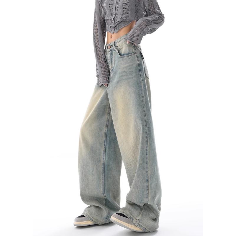 RUOK Y2K Blue Jeans voor dames Hoge taille American Street Wide Leg Broek Hip Hop Vintage Rechte herfstbroek XS blauw