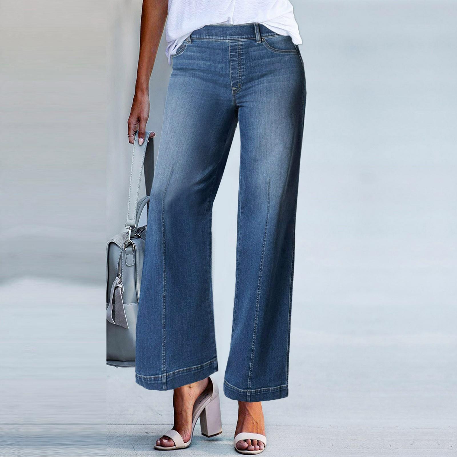 Ren Bag Vrouwen Naad Voorkant Wijde Pijpen Jeans Elastische Taille Stretch Denim Flare Jeans Hoge Taille Jeans Bell Bottom Cropped Broek L blauw