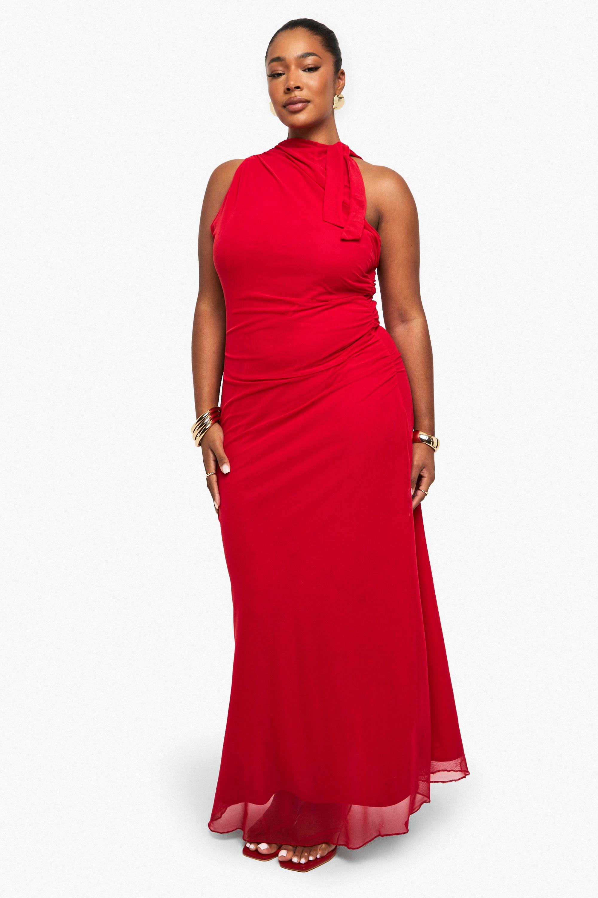 Boohoo Plus Geplooide Mesh Maxi Jurk, Red