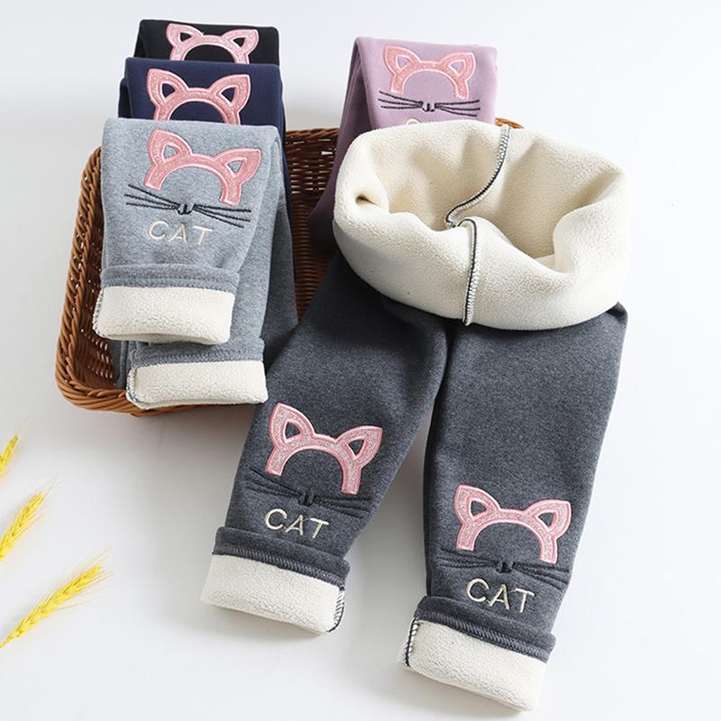 Youth Charm Nieuwste meisjes katoenen warme legging uitloper winter kinderen cartoon dikke fluwelen broek voor babymeisjes schattige kat patroon broek 100 zwart