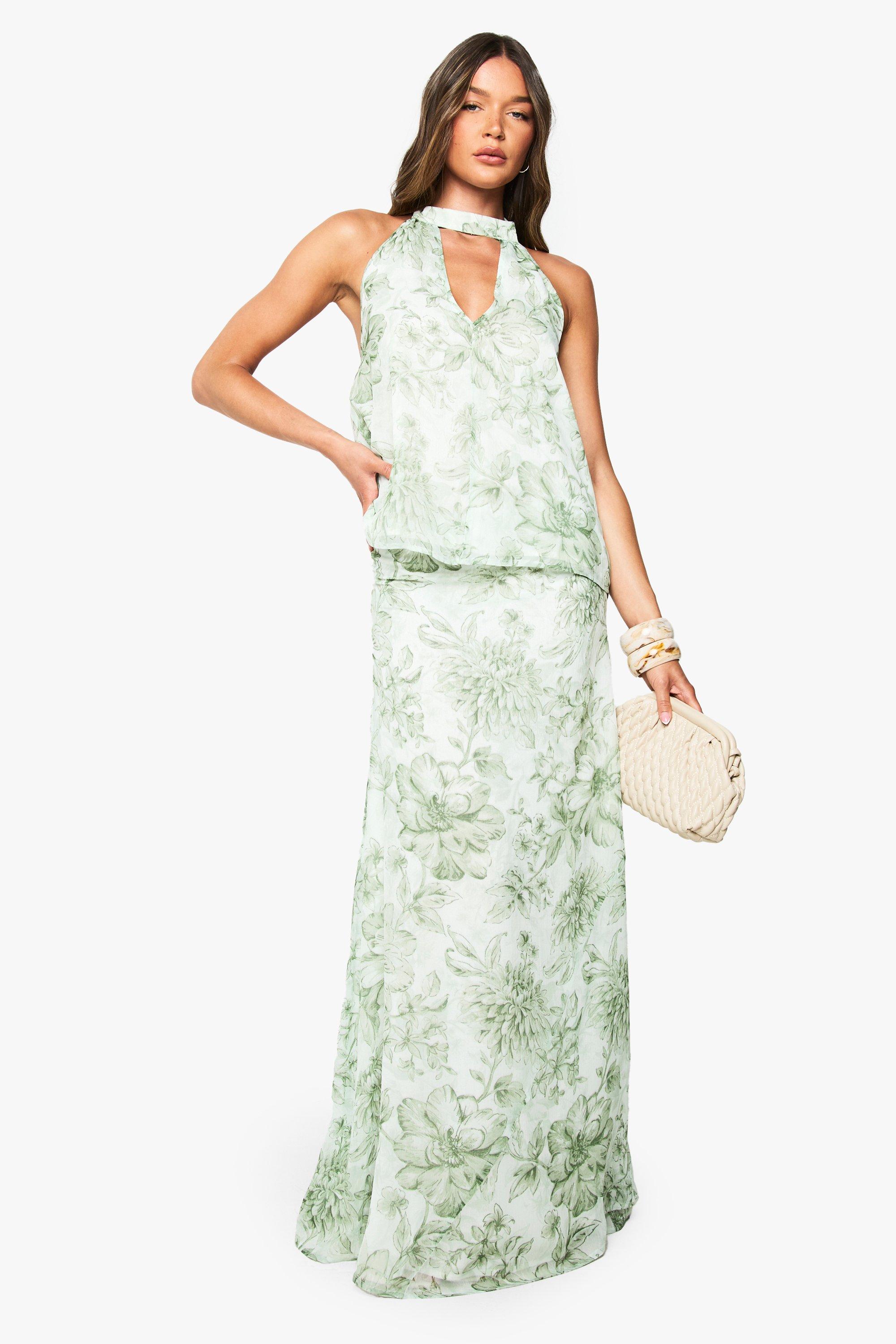 Boohoo Chiffon Bloemen Maxi Rok, Sage