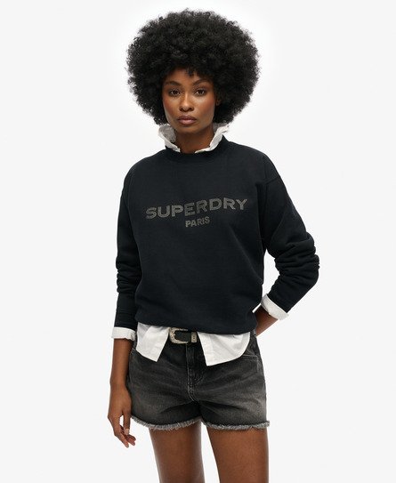 Superdry Vrouwen Luxe Sportsweatshirt met Ronde Hals en Losse Pasvorm Zwart