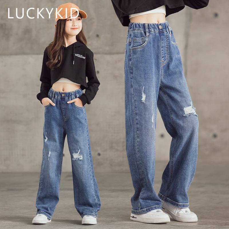 Youth Charm Meisjes jeans wijde pijpen broek recht katoen kinderen losse jeans gescheurde denim broek mode kind grote meisjeskleding 120 blauw