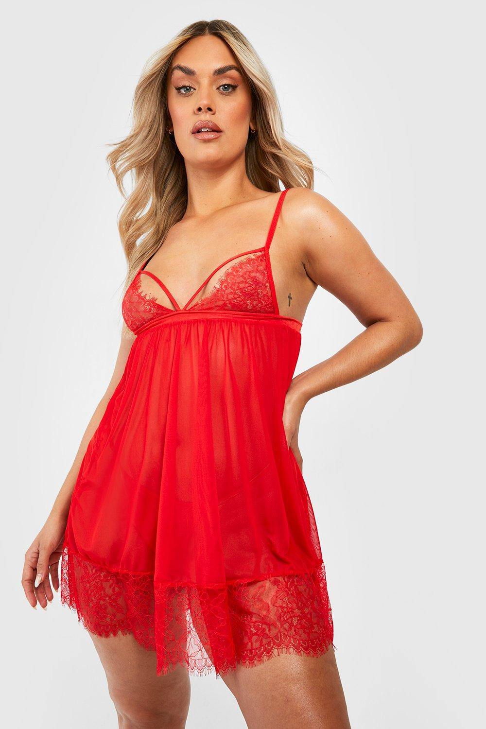 Boohoo Plus Babydoll Met Kant En Bandjes, Rood
