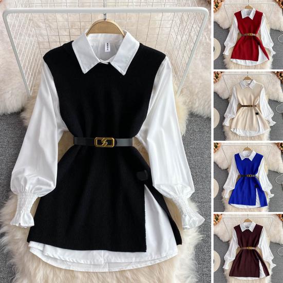 Shenglian 3 stuks/set dames shirt vest set revers lantaarn lange mouw enkelrijs shirt o-hals zijsplit breien vest set met riem koffie