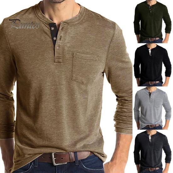 SOUTONG Heren O-hals Herfst Winter Effen Kleur Lange mouw Zakoverhemd Knoppen Hals Trui Top voor XL legergroene kleur