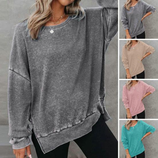 JD12GU Gebreid sweatshirt met ronde hals, zijsplitten met lange mouwen en casual sweatshirt-topjes XL hemelsblauwe kleur