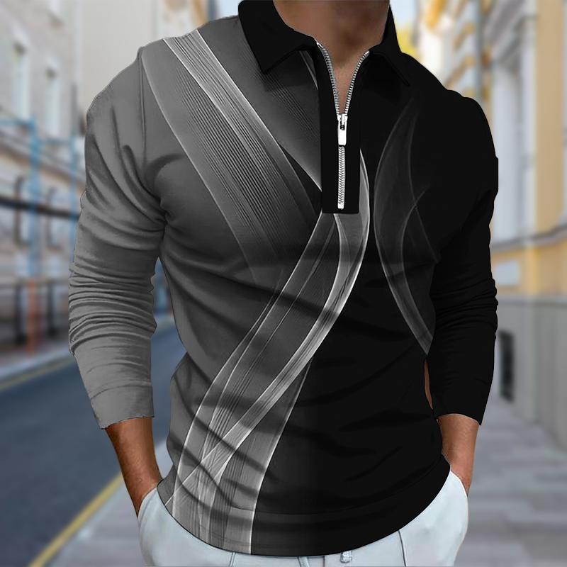 3D Custom Clothing Poloshirts Heren Lange Mouw Gedraaide Lijnen Print Nieuw Heren Poloshirt Lange Mouw Rits T-shirt Top 2XL zwart