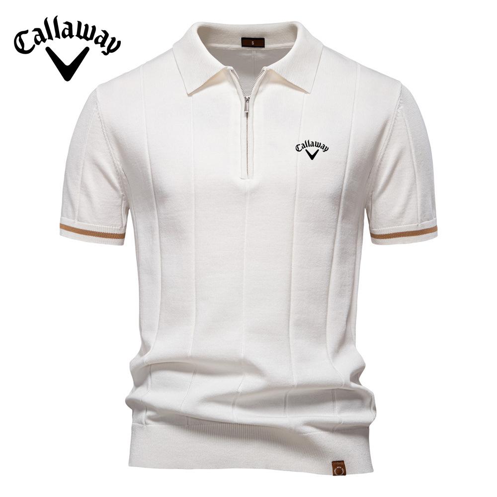Callaway 2025 Lente/Zomer Geborduurde Nieuwe Heren Business Casual Wollen Poloshirt, Gebreid Poloshirt met Opstaande Kraag, Korte Mouw M wit