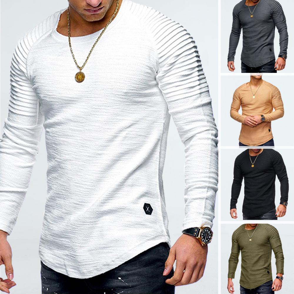Happy Home Life Heren Casual O-Hals Pullover Effen Kleur Ruches T-shirt Tops Slim Fit Lange Mouw Asymmetrisch T-shirt L kaki