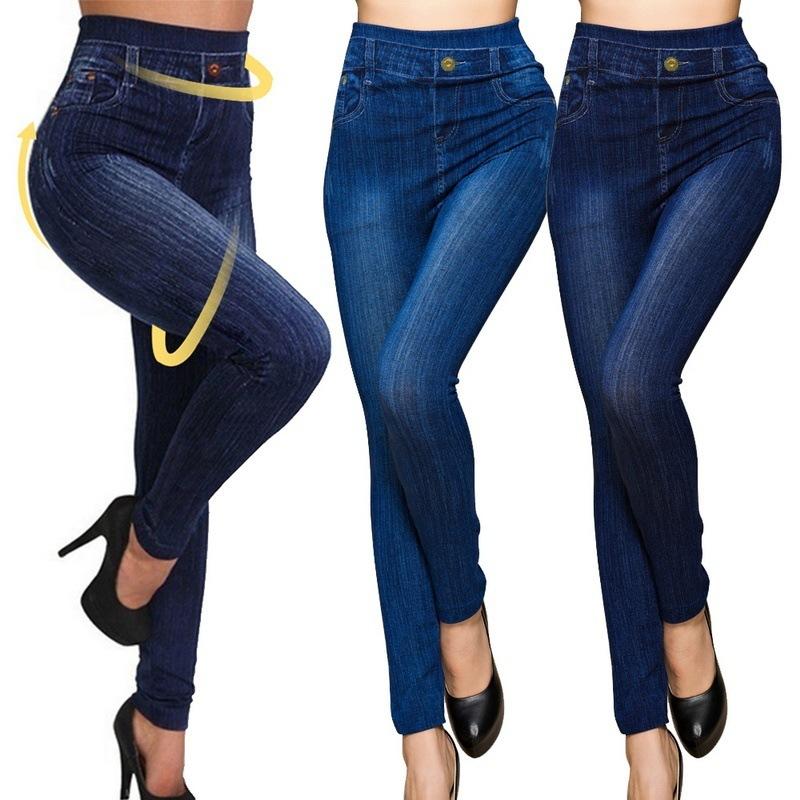 1Lorraine Dames Plus Size potloodbroek Imitatie jeans Denim broek Hoge taille legging Casual 3XL donkerblauwe kleur