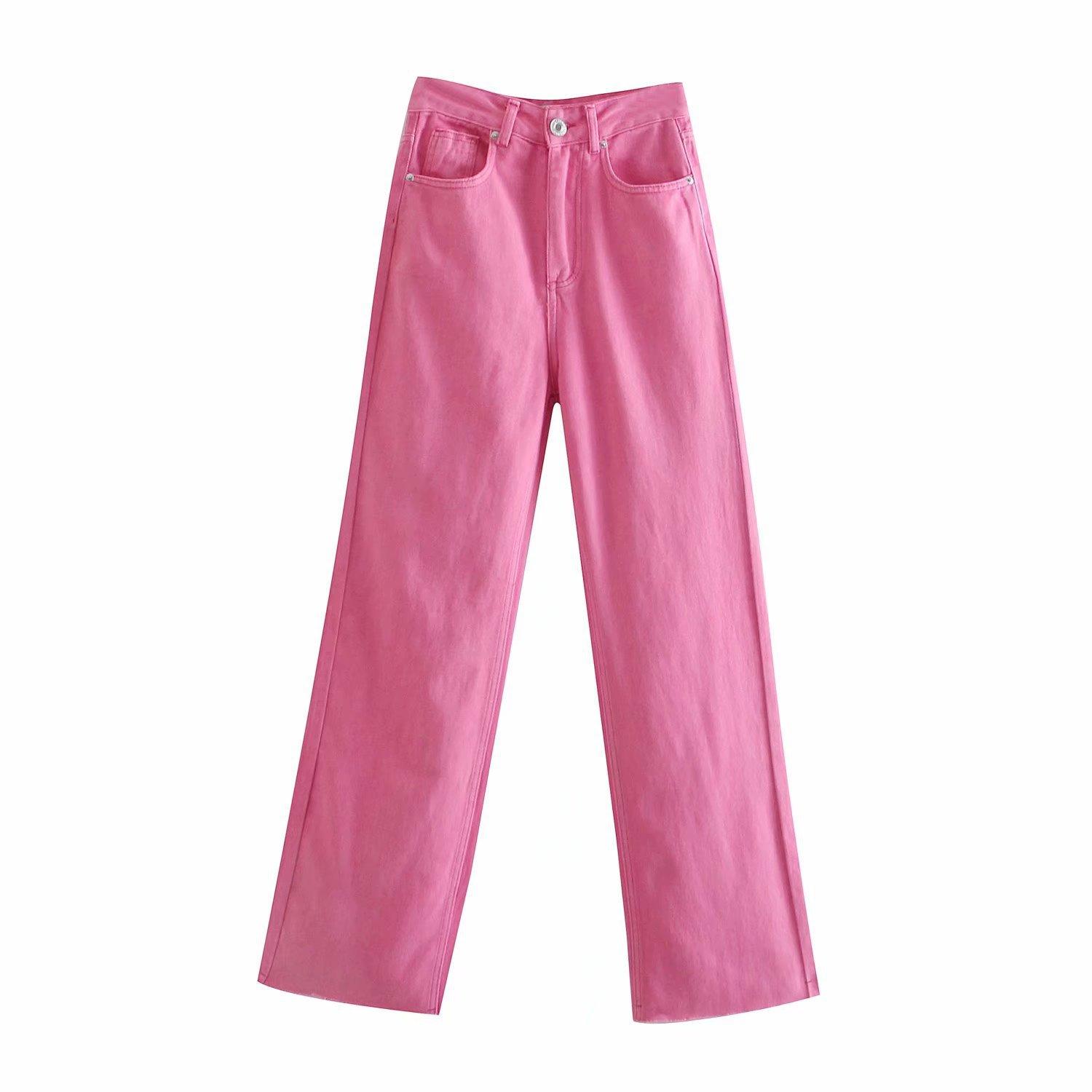 Hi Tsuki Dames zomer hoge taille dame wijde pijpen broek roze denim jeans broek broek M donkerpaarse kleur